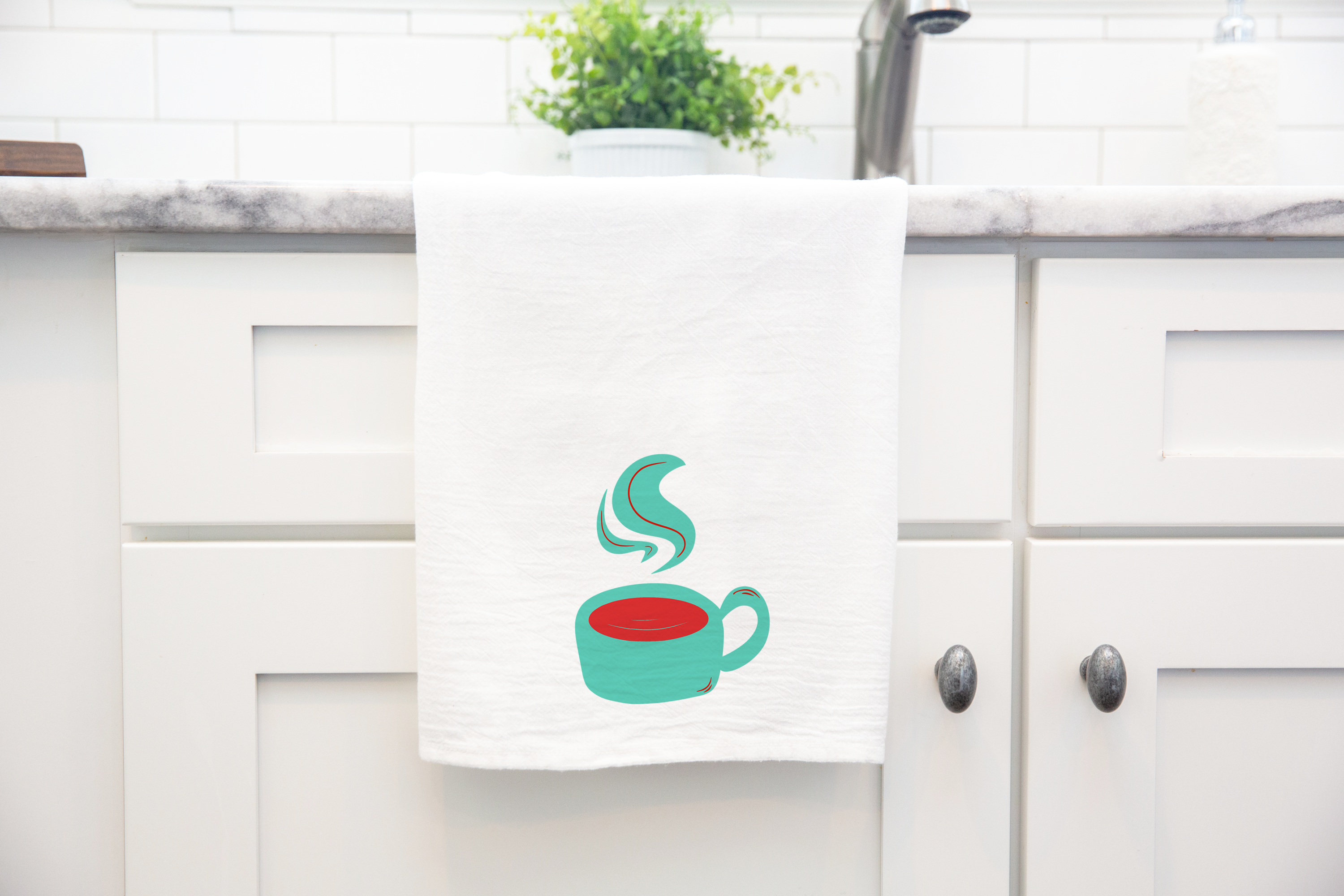 100% Organic Cotton "Warm Mug" Kitchen Tea Towels w. Hand-drawn Adorable Art - Assorted (Tea Time/Warm Wishes)