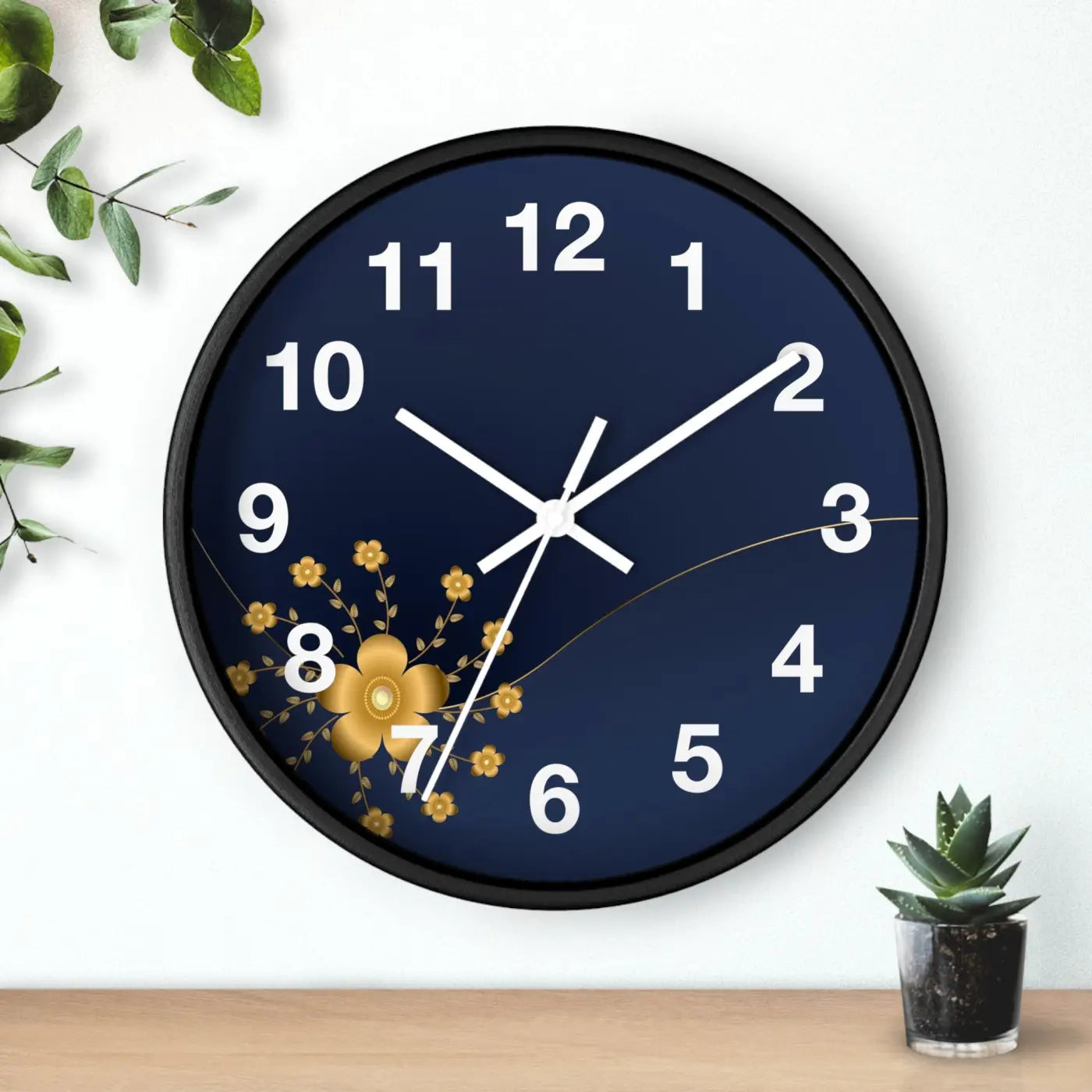 Navy Floral Wall Clock – Gold Blossom Decorative - Dipaliz