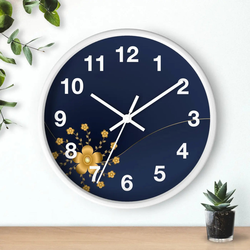 Navy Floral Wall Clock – Gold Blossom Decorative - Dipaliz