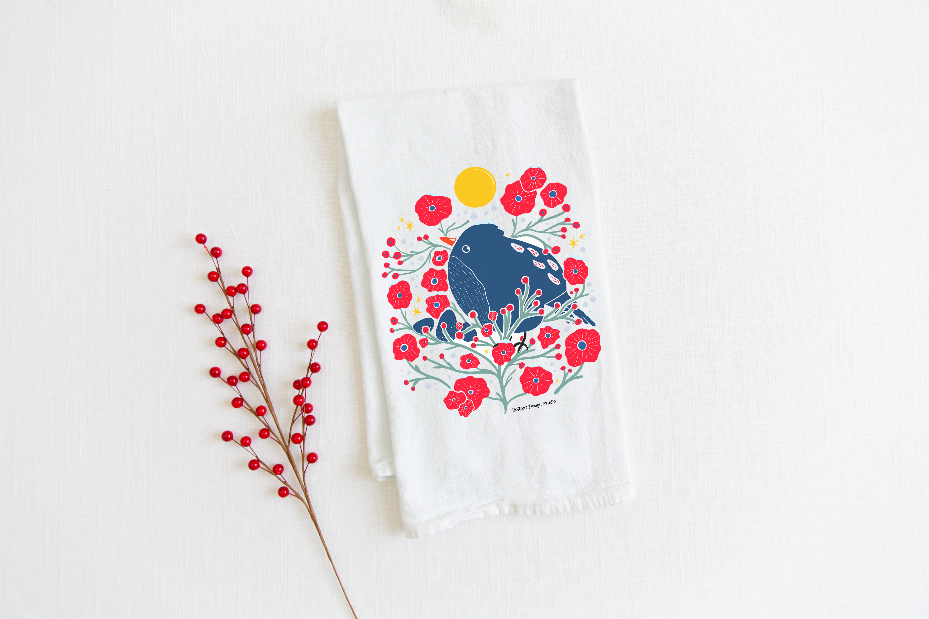 100% Organic Cotton "Bird in the Bush" Kitchen Tea Towel w. Hand-drawn Adorable Blue Bird & Red Flowers (Tea Time/Winter Dreaming)