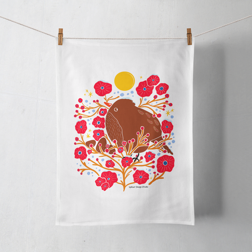 100% Organic Cotton "Holiday Bird in the Bush" Kitchen Tea Towel w. Hand-drawn Adorable Bird & Red Flowers (Tea Time/Winter Dreaming)