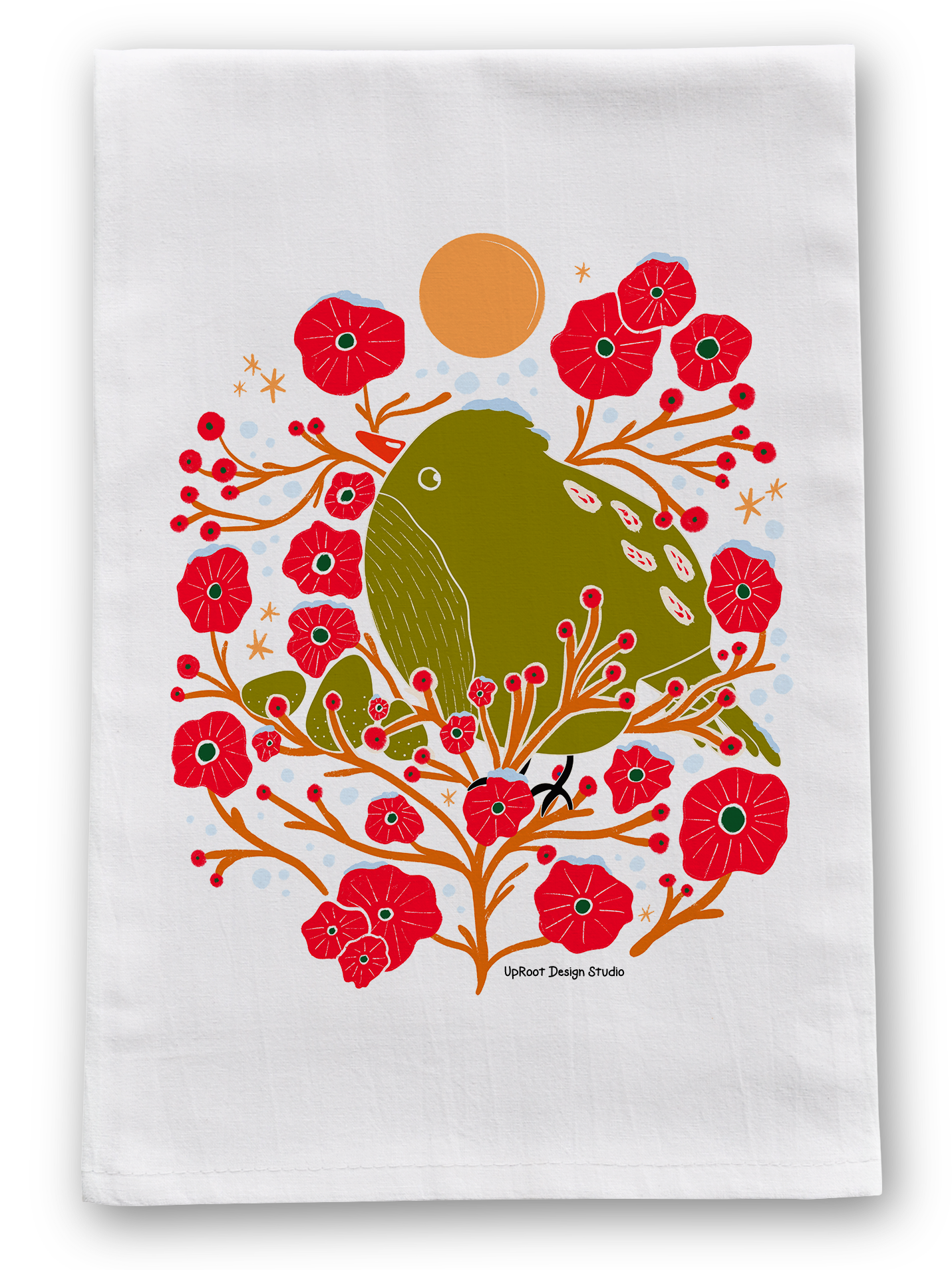 100% Organic Cotton "Holiday Bird in the Bush" Kitchen Tea Towel w. Hand-drawn Adorable Bird & Red Flowers (Tea Time/Winter Dreaming)