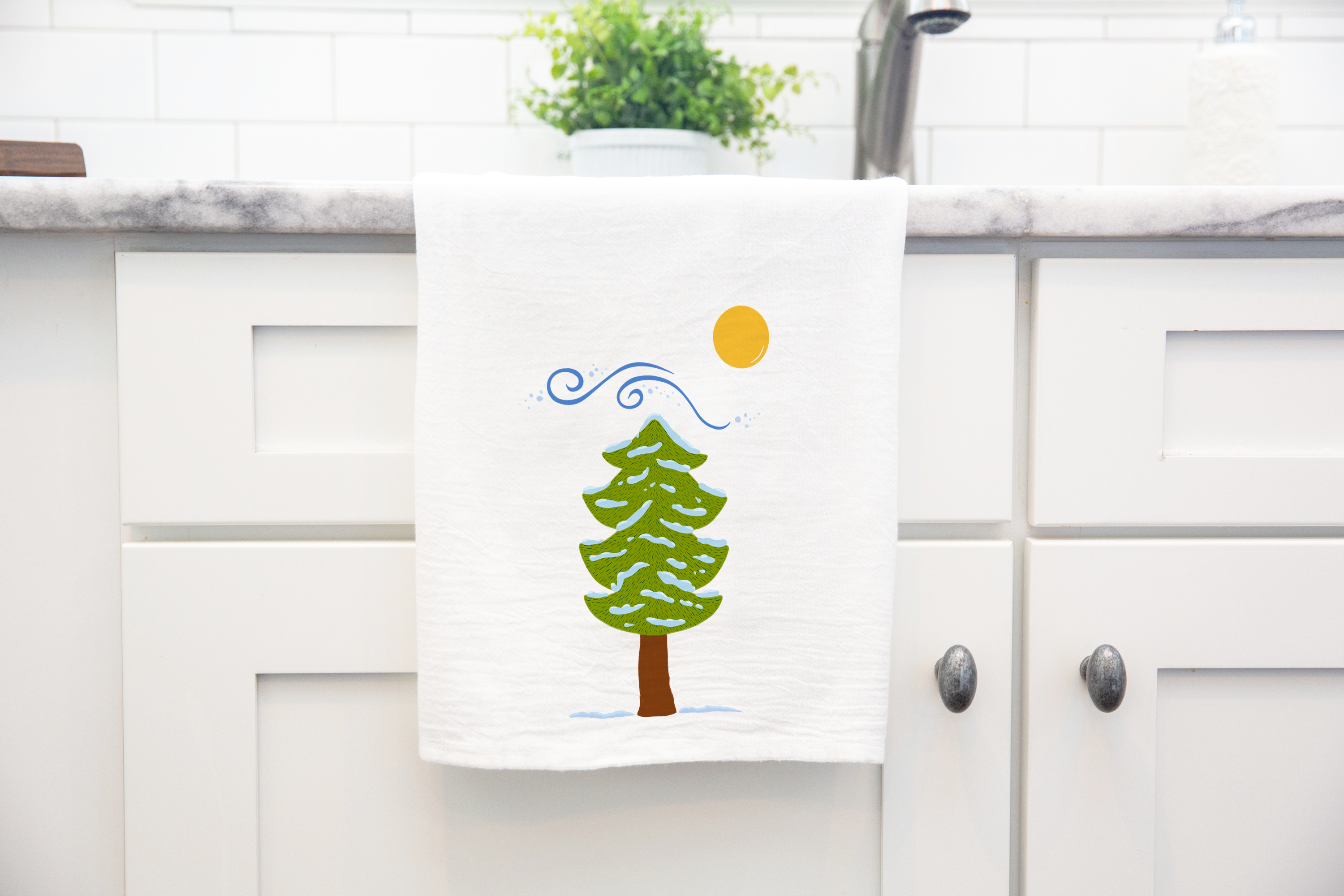 100% Organic Cotton "Pine Trees" Kitchen Tea Towels w. Hand-drawn Adorable Art - Assorted (Tea Time/Winter Forest)
