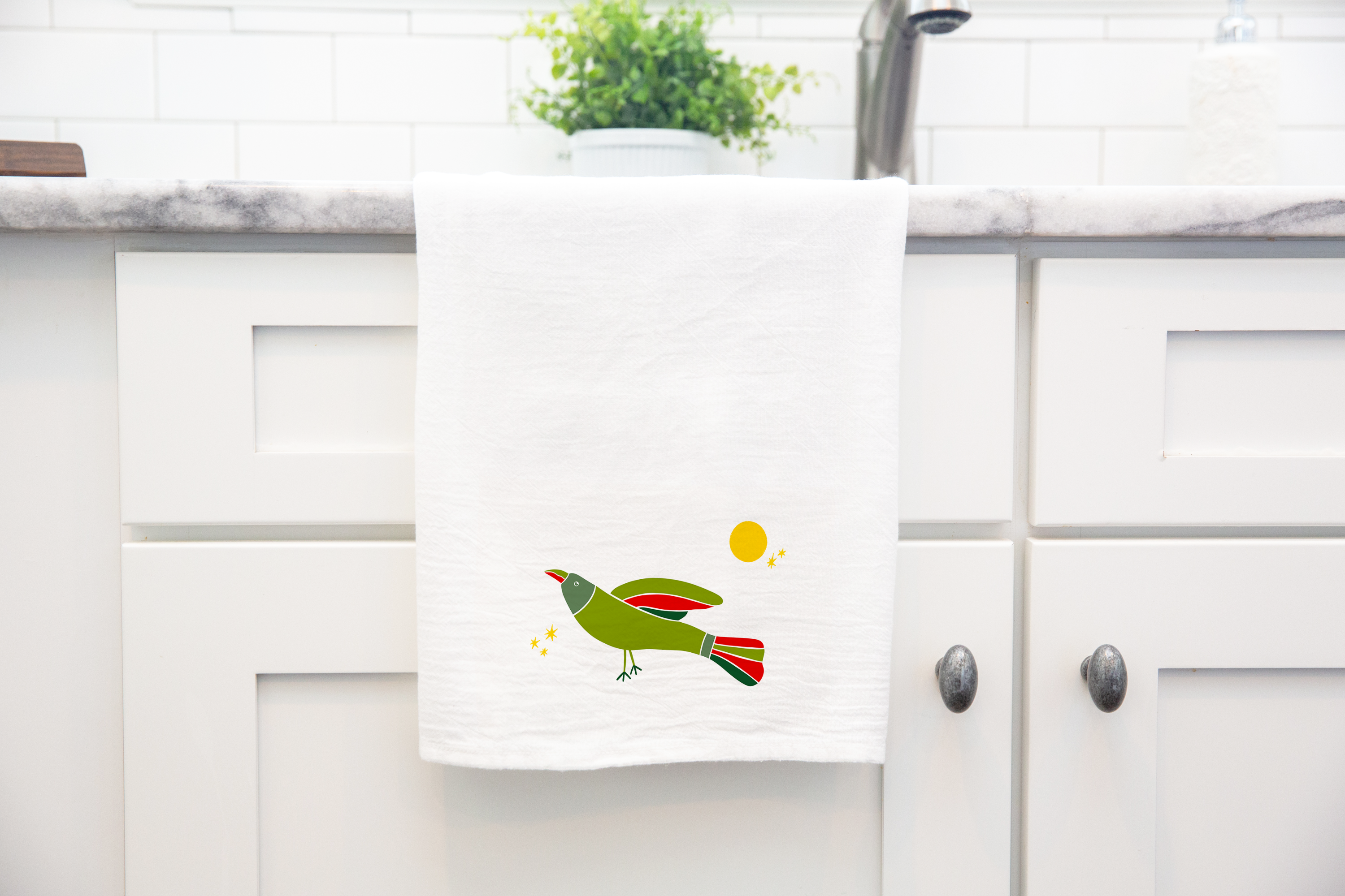 100% Organic Cotton "Soaring Birds" Kitchen Tea Towels w. Hand-drawn Adorable Art - Assorted (Tea Time/Winter Forest)