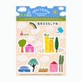 Adorable "Green Cities" Brooklyn Sticker Sheet of Eco Stickers w. "Brooklyn" Decal,  Houses, Flowers, Trees, Clouds & Rooftop Gardens (Grow & Bloom)