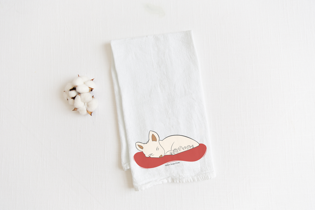 100% Organic Cotton "Cozy Dreams" Sleeping Dogs Kitchen Tea Towels w. Hand-drawn Adorable Art - Assorted (Tea Time/Warm Wishes)