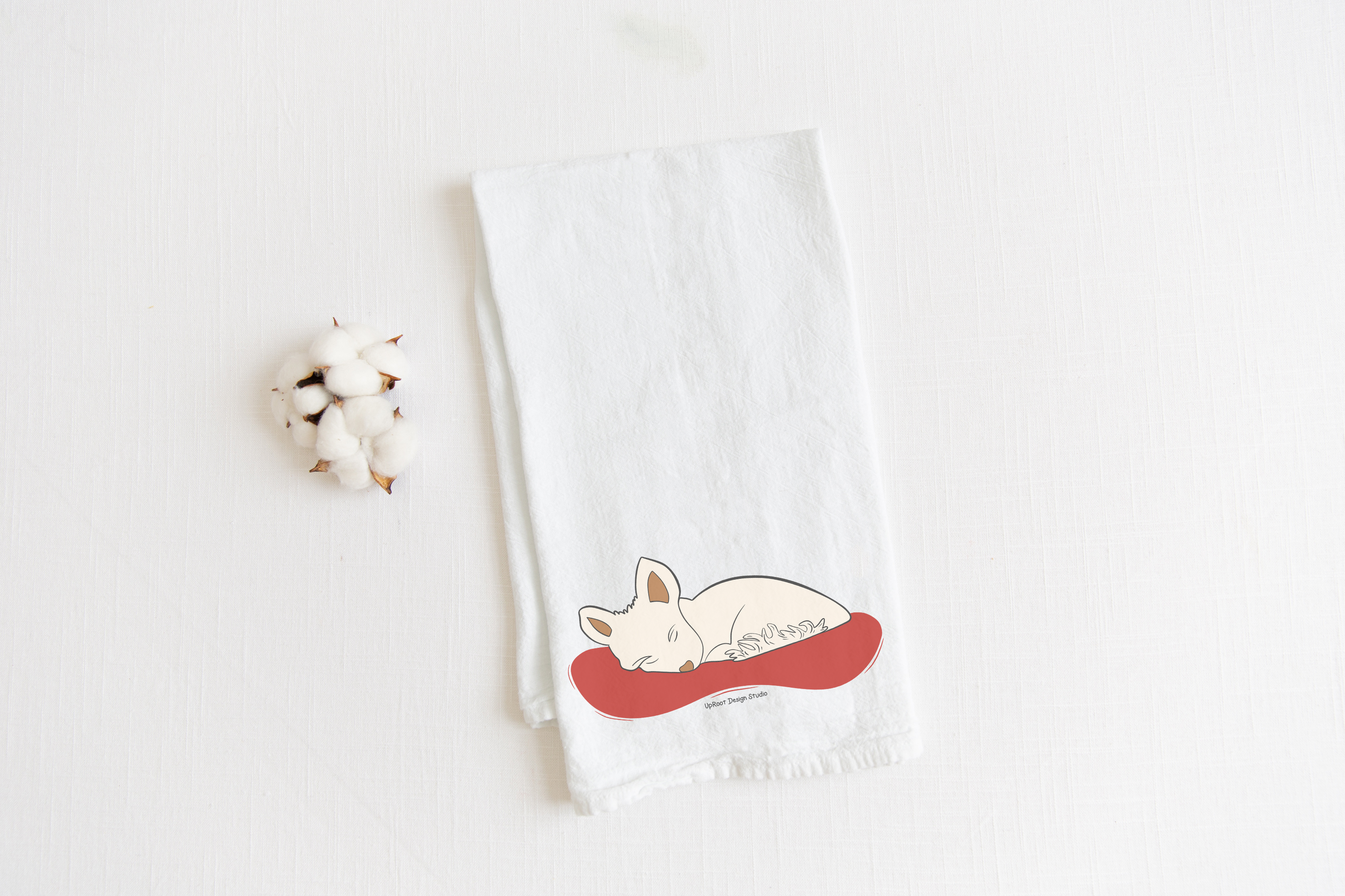 100% Organic Cotton "Cozy Dreams" Sleeping Dogs Kitchen Tea Towels w. Hand-drawn Adorable Art - Assorted (Tea Time/Warm Wishes)