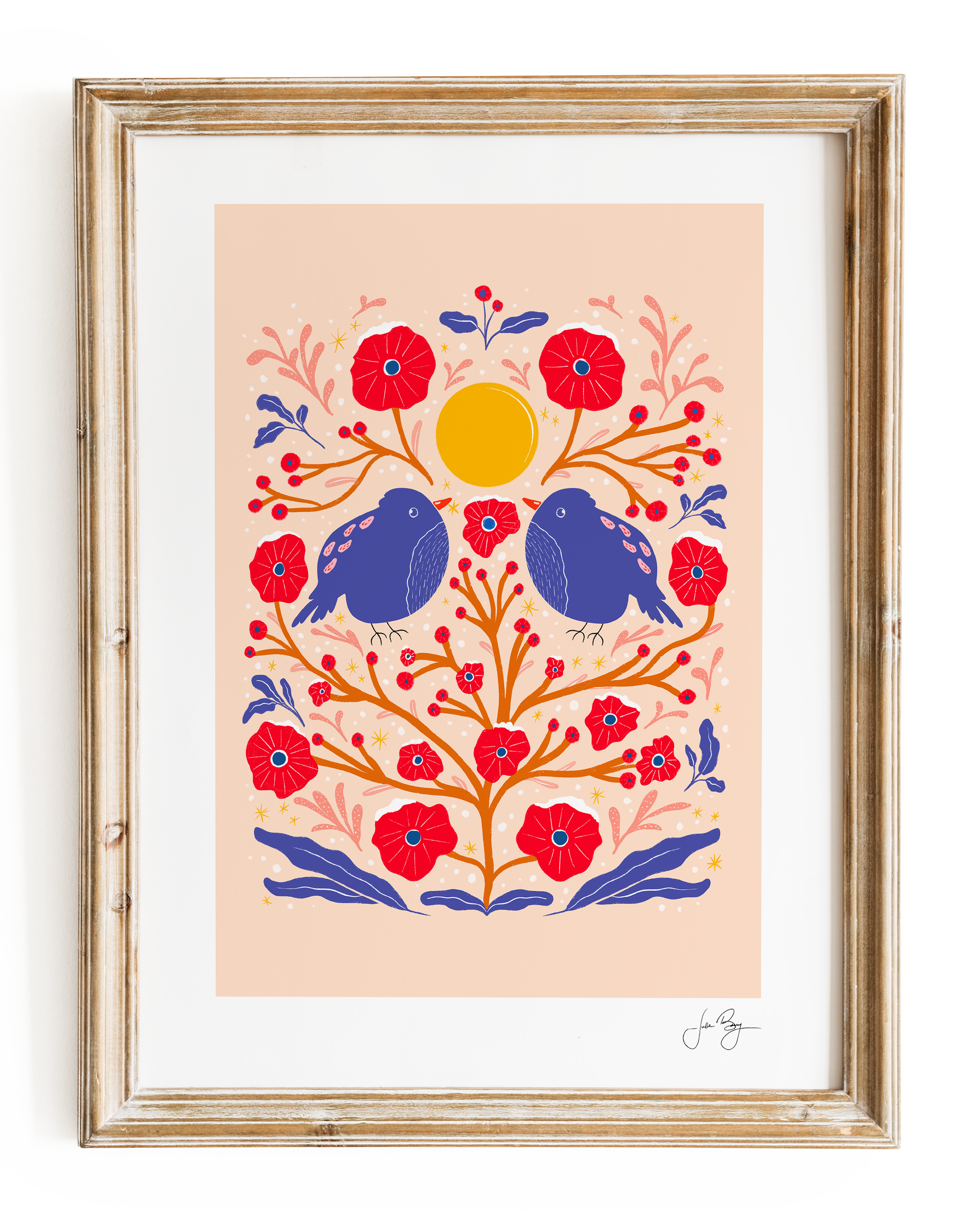"Two Birds" Hand-Drawn Eco-Art Print 12x18" (Assorted Pattern & Colors)