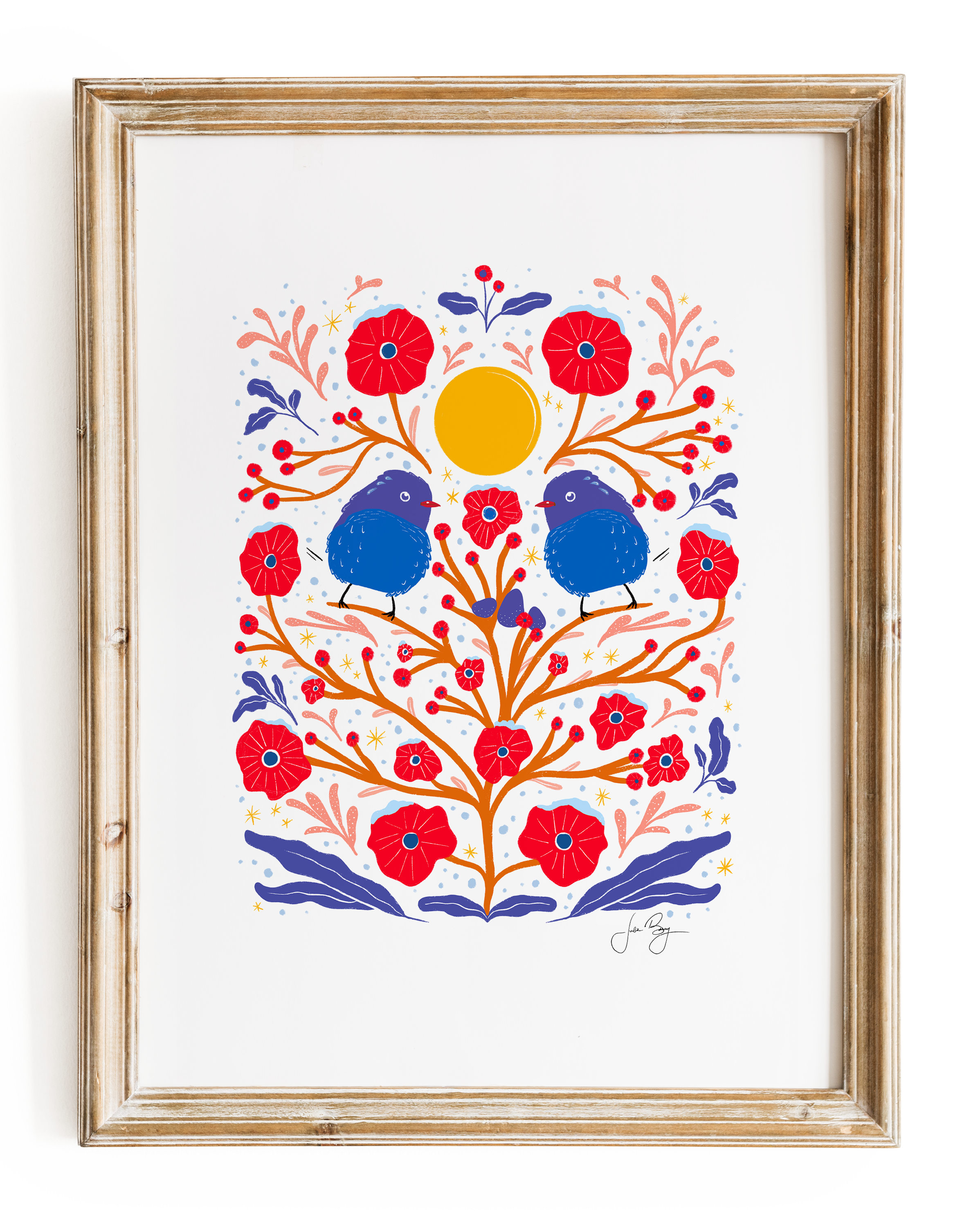 "Two Birds" Hand-Drawn Eco-Art Print 12x18" (Assorted Pattern & Colors)
