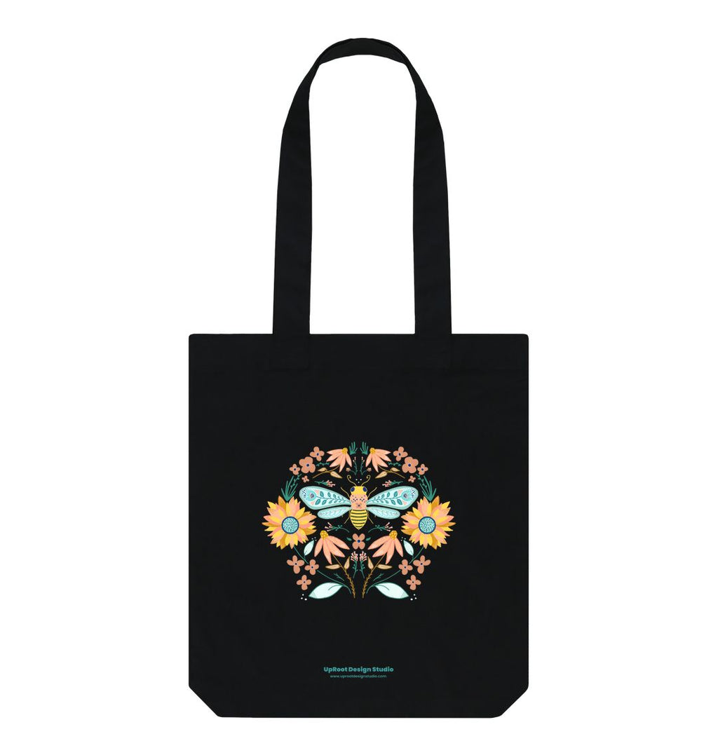 Hand-drawn Bee Folk Art Tote w. Wildflowers & Sunflowers Symmetrical Art (Celebrate Pollinators)