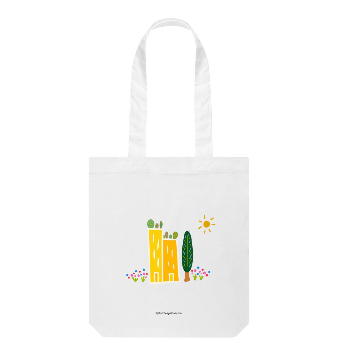 "Green Cities" 100% Organic Cotton Grocery Tote Bag w. Colorful Apartment Buildings, Rooftop Garden, Sun, Tree & Flowers