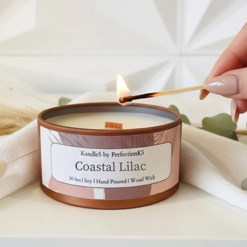 Coastal Lilac Luxury Candle | 8oz Non-Toxic Soy Candle with Wooden Wick | Clean Burn