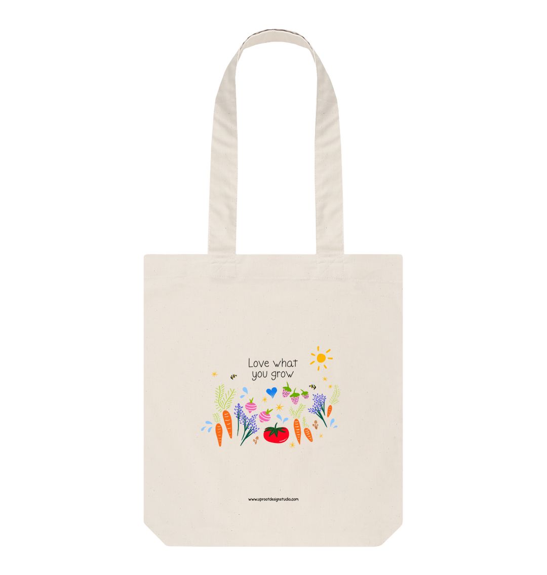 "Love What You Grow" Garden Party 100% Organic Cotton Grocery Tote Bag w. vegetables, fruit, raindrops, stars & sun